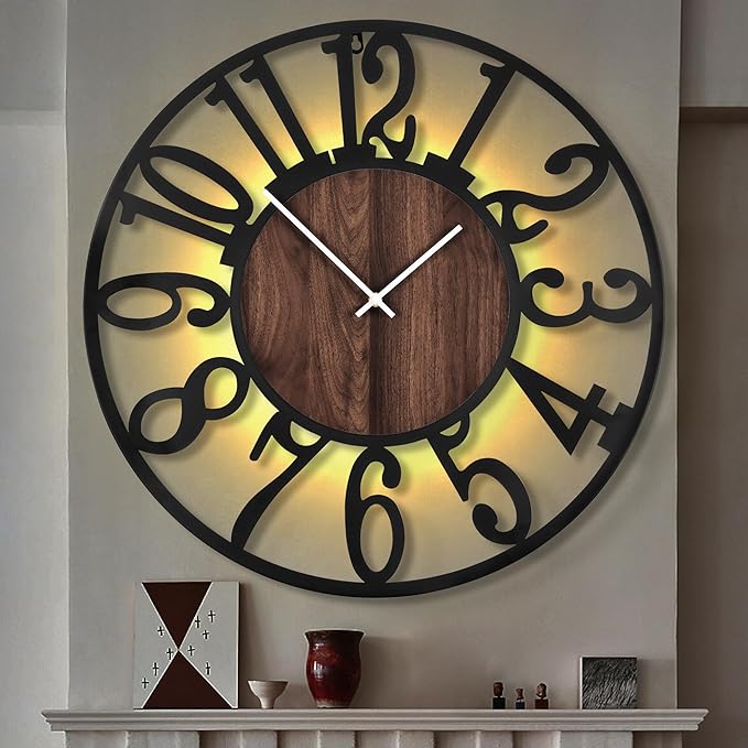 LEIKE Large LED Wall Clocks,Silent,Non Ticking,Battery Operated Rustic Round Modern Big Wood Wall Clock for Living Room, Bedroom,Kitchen,Farmhouse,Office,Home Decor -32" Black,LED,Arabic Number