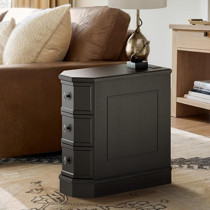 Nightstand with Charging Station, Vintage Wood End Table with 3 Drawer, Victoria Narrow Side Table, Slim Bedside Tables for Bedroom, Pre-Installation, Black