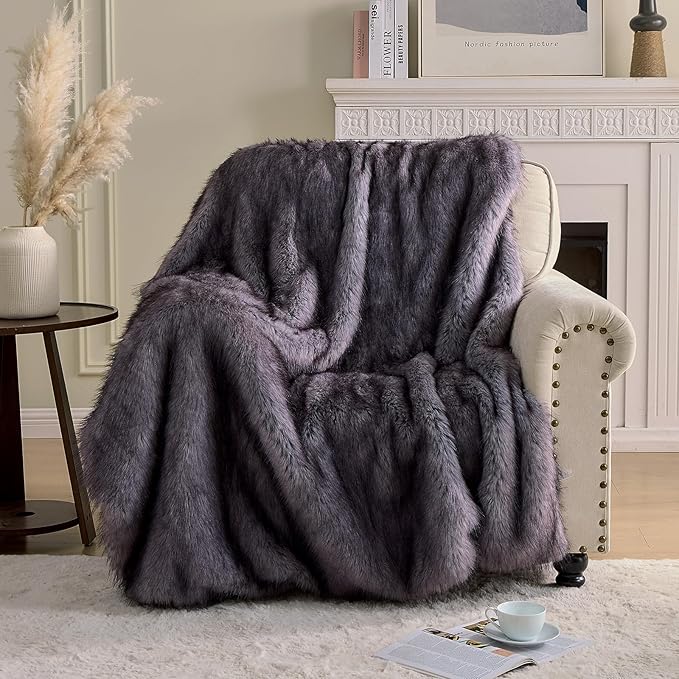 Fluffy Faux Fur Throw Blanket – Super Soft Warm Thick Plush Blanket for Bed, Couch & Office, Cozy Fuzzy Throw with Flannel Backing,50"x60", Grey