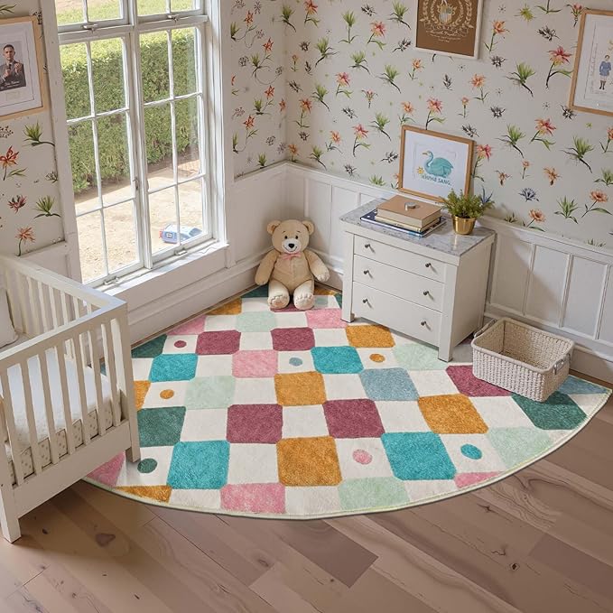 jinchan Kids Rug for Nursery 6ft Radius Corner Washable Area Rug Modern Colorful Quarter Circle Rug Soft Non-Slip Carpet for Bedroom Playroom Daycare Reading Nook Kitchen Classroom Confetti on Cream