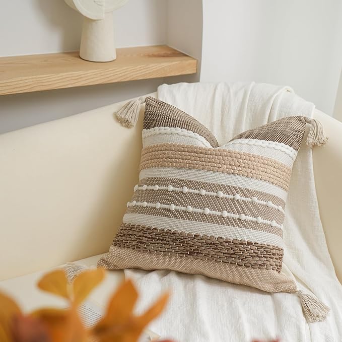 BlissBlush Brown Decorative Throw Pillow Cover 18x18 Square Boho Accent Pillowcase Tassels Farmhouse Cushion for Couch Sofa Bedroom Livingroom Home Décor Cover ONLY (Pack of 1)