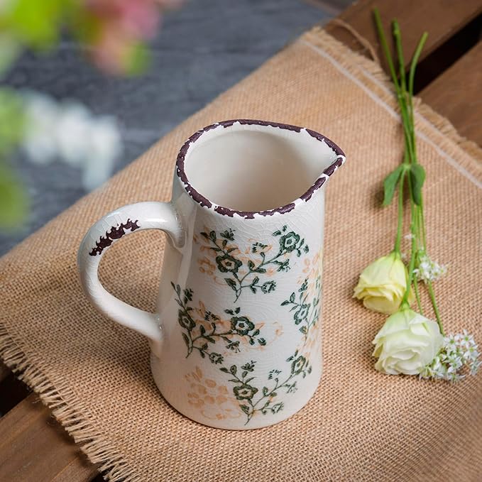 Ceramic Vintage Flower Vase with Handle, Chinoiserie Floral Pitcher Vase for Home Decor, Decorative Vases for Centerpiece Table Decorations, Green and White Vases for Living Room Kitchen Shelf Decor