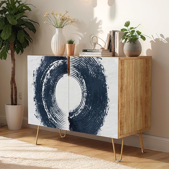 SIGNWIN Sideboard Buffet Cabinet, Kitchen Storage Cabinet with 2 Doors, Geometric Dark Paint Stroke Ring Geometry Nordic, Cupboard Console Table for Dining Room - 35" L x 18" W x 29" H