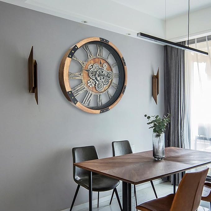 DORBOKER 30'' Large Wall Clock Real Moving Gears Oversized Industrial Solid Wood Rusic Farmhouse Clocks for Living Room Wall Decor Home Office, 30 inch 76cm, Brown and Vintage Bronze
