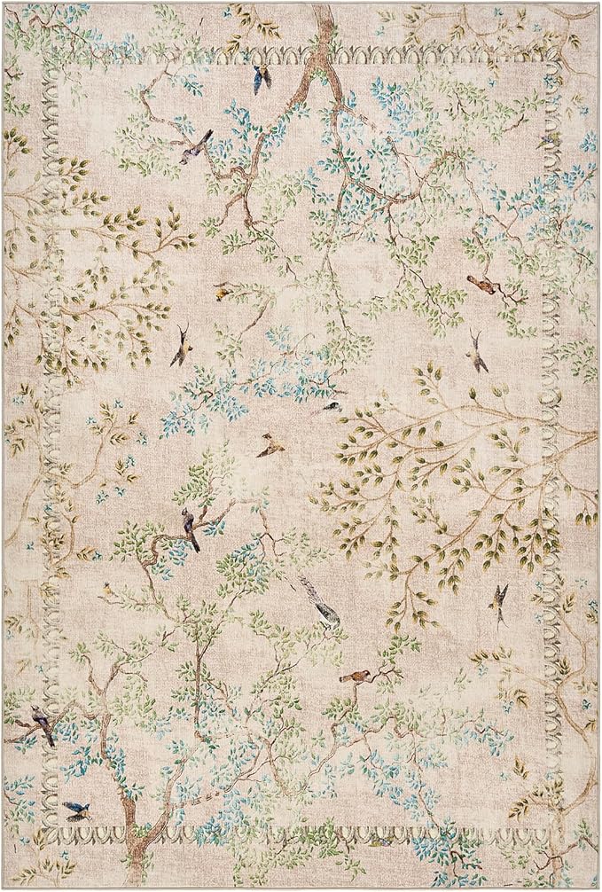 jinchan Botanical Birds 6x9 Beige Area Rugs for Living Room Washable Non Slip Soft Nature Plants Modern Kids Carpet Vintage Ultra Thin Low Pile Indoor Rug for Bedroom Dining Room Nursery Playroom