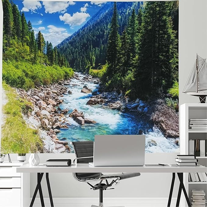 Nature Forest Mountain Tapestry Green Pine Tree Stream Tapestry White Clouds Flowing River Valley Landscape Scenery Tapestries Wall Hanging for Bedroom Dorm Living Room Office Classroom 80 x 60 Inch