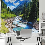 Nature Forest Mountain Tapestry Green Pine Tree Stream Tapestry White Clouds Flowing River Valley Landscape Scenery Tapestries Wall Hanging for Bedroom Dorm Living Room Office Classroom 60 x 40 Inch