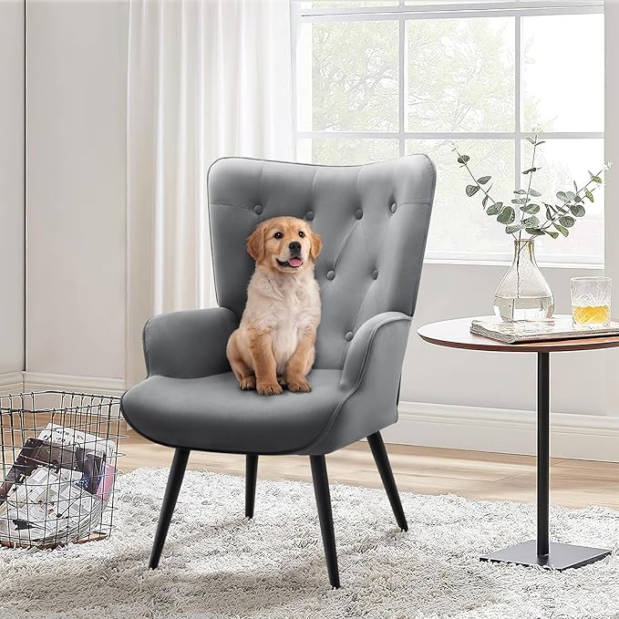 Furnimart Accent Chairs Set of 2, Grey Velvet Chair Reading Chair Armchair with High Backrest, Wingback Corner Chair Mid Century Modern Chair for Living Room, Bedroom, Waiting Room