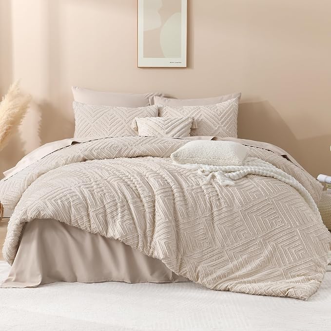 Andency Khaki Queen Comforter Set, 3 Pieces Lightweight Fluffy Boho Bedding Comforter Set, Tufted Farmhouse Shabby Chic Bed Set for All Seasons (1 Comforter 90x90In, 2 Pillowcases)