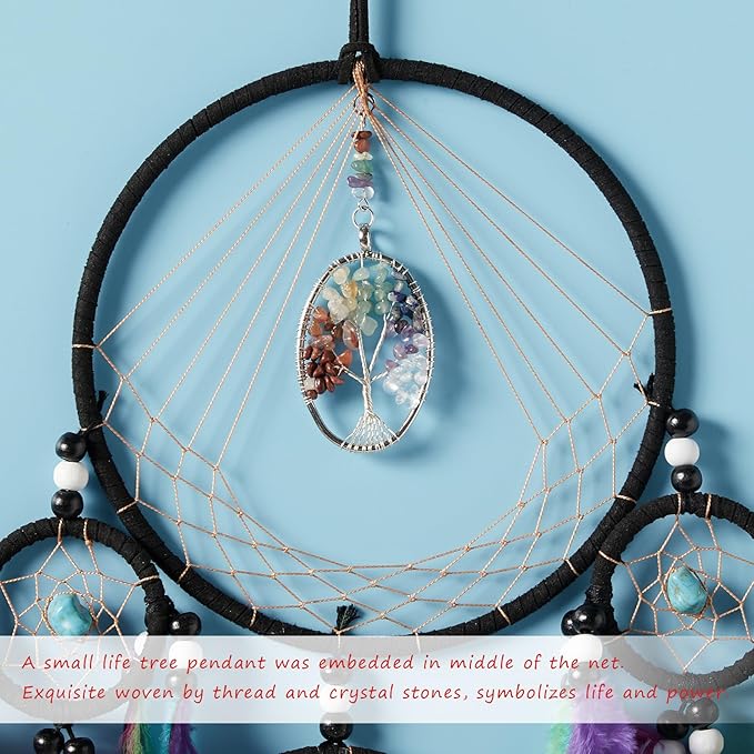 Pretty Jolly Colourful Feather Dream Catchers Wall Decor with Chakras Tree of Life Crystal Stone Ornament Handmade Dreamcatchers for Adult Boys Girls Bedroom Dorm Party Birthday Blessing Gift-5Rings