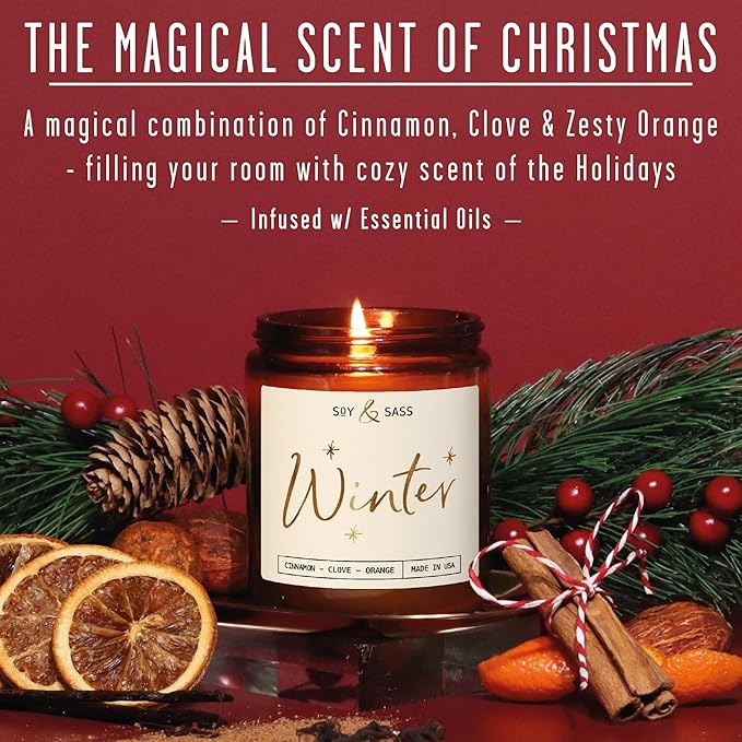 Winter Candle, Christmas Candles Scented - w/Orange, Cinnamon & Vanilla - Infused with Essential Oils I Winter Candles I 9oz, 50Hr, Made in USA