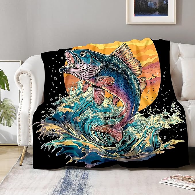 Aimego Fishing Blanket Gifts for Fisherman - Fish Lovers Throw for Dad Men Boys Teens Women Adults Travel Camping Soft Fleece Cozy Bed Couch Decor Birthday Christmas Lightweight Blanket 50"x60"