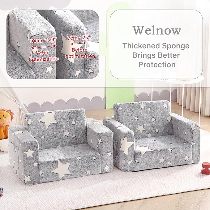 Welnow 2-in-1 Kids Sofa Chair, Glow in The Dark Convertible Toddler Chair Flip Out Children Sofa Folding Kids Play Sofa with Side Pockets & Removable Cover Armrest Chair for Girl or Boy