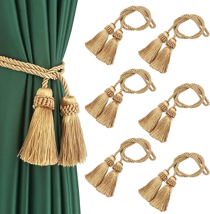 Fenghuangwu Curtain Tiebacks Handmade Decorative Curtain Holdbacks Rope with Tassel (Gold, 6P)