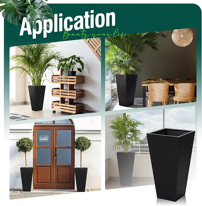 Tall Black Planter Tapered Metal Modern Flower Plant Pot Black Square Galvanized Steel Planter 30In Indoor Outdoor for Front Porch Garden Patio Grande Plant Tree Commercial Residential Heavy Duty