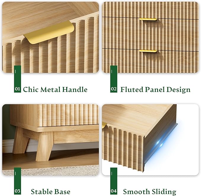 Fluted Nightstand with Charging Station, 24" Wide Bedside Table with 3 Large Storage Drawers, Modern Wood Side Table Night Stand, End Table Small Dresser for Bedroom, Living Room, Dorm, Natural Oak