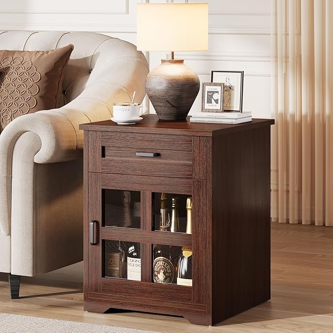 Farmhouse End Table Set of 2 with Drawer, 18" Large Side Table with Storage Cabinet and Acrylic Door, Wood Nightstand Bedside Table for Living Room, Bedroom, Espresso