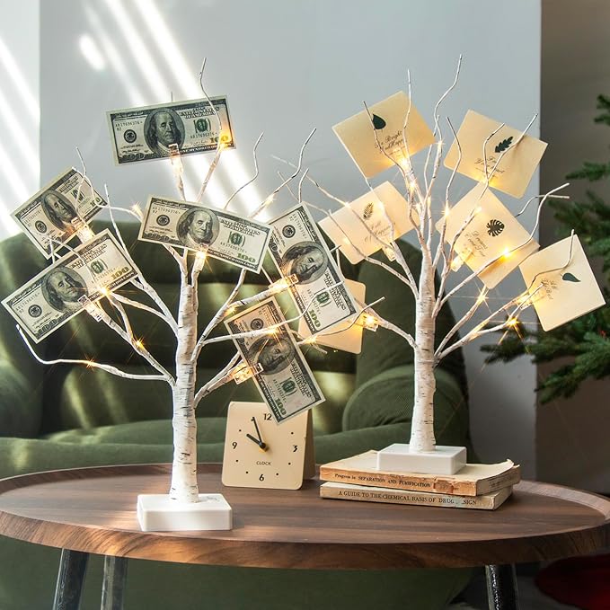 PABIPABI Money Tree Gift Holder, Set of 2 Birch Tree with 12 Clear Clips, Battery/USB Powered Timer Tabletop Trees for Home Party, Christmas, Wedding, Birthday Graduation (Warm White)