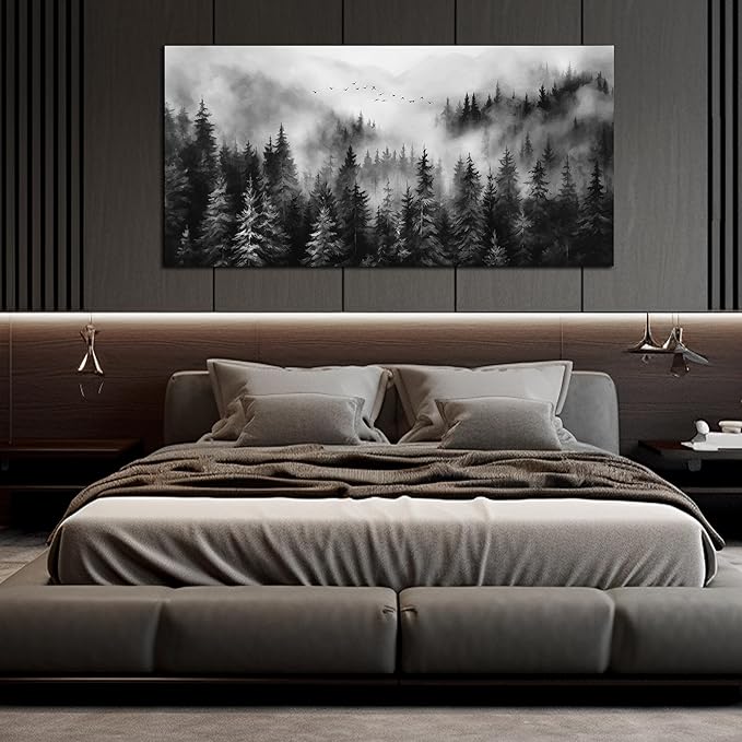 Large Pictures for Living Room Foggy Forest Canvas Wall Art for Bedroom Black Home Office Wall Decor 29 x 59 Inch