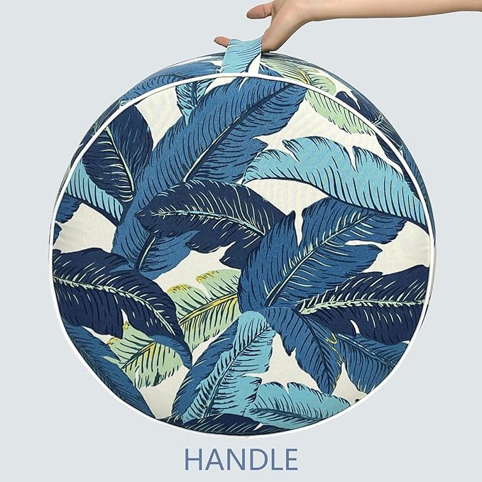 LVTXIII Indoor/Outdoor Inflatable Ottoman, D31 x H14 Inch Large Round Ottoman, All Weather Foot Rest Stool, Portable Footrest for Patio, Garden, Camping and Home - Swaying Palms Blue