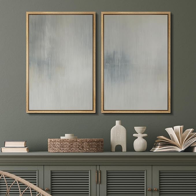 SIGNFORD Framed Canvas Print Wall Art Set Soft Gray and Blue Abstract Neutral Illustration Modern Art Decorative Nordic Nature for Living Room, Bedroom, Office - 16"x24"x2 Natural