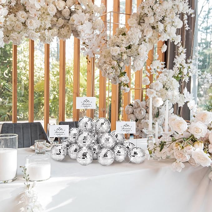 Maitys 60 Pcs Disco Ball Table Number Holders Silver Place Card with Swirl Wire Name Cards Photo Stand Clips Picture Holder for Christmas Wedding Party Favor (4 Inch)