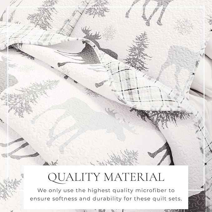 Lodge Bedspread King Size Quilt with 2 Shams. Cabin 3-Piece Reversible All Season Quilt Set. Rustic Quilt Coverlet Bed Set. Wilderness Collection (Moose - Grey)