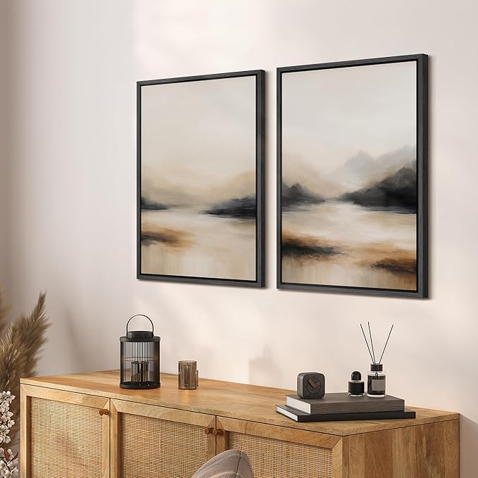 SIGNFORD Framed Canvas Print Wall Art Set Abstract Mountain Landscape Neutral Beige and Black Illustration Modern Art Decorative Nordic Nature for Living Room, Bedroom, Office - 24"x36"x2 Black