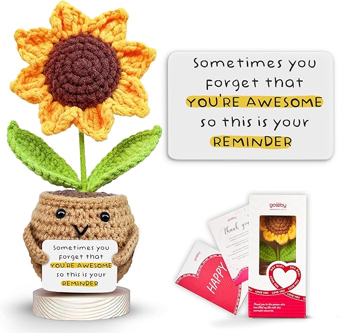 Gossby Inspirational Gift for Women - Handmade Positive Sunflower Crochet - Sometimes You Forget You're Awesome - Christmas, Birthday, Appreciation Thank You Gift for Coworker, Sister Friend, Teacher
