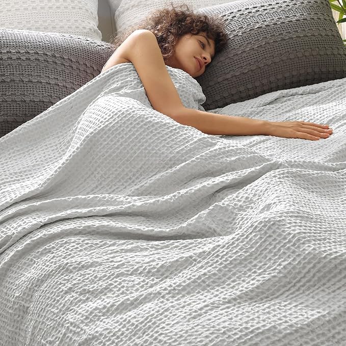 PHF Ultra Soft Waffle Weave Blanket Queen Size 90"x 90"- Washed Lightweight Breathable Cozy Woven Blanket for Bed - Aesthetic Decor for Couch Bedding Sofa Home Car - Light Grey