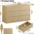 Natural 6 Drawers Dresser for Bedroom, 48" Wide Wood Chest of Deep Drawers with Curved Profile, Handleless, Modern Fluted Dresser TV Stand, Storage Closet Drawer Organizer for Bedroom