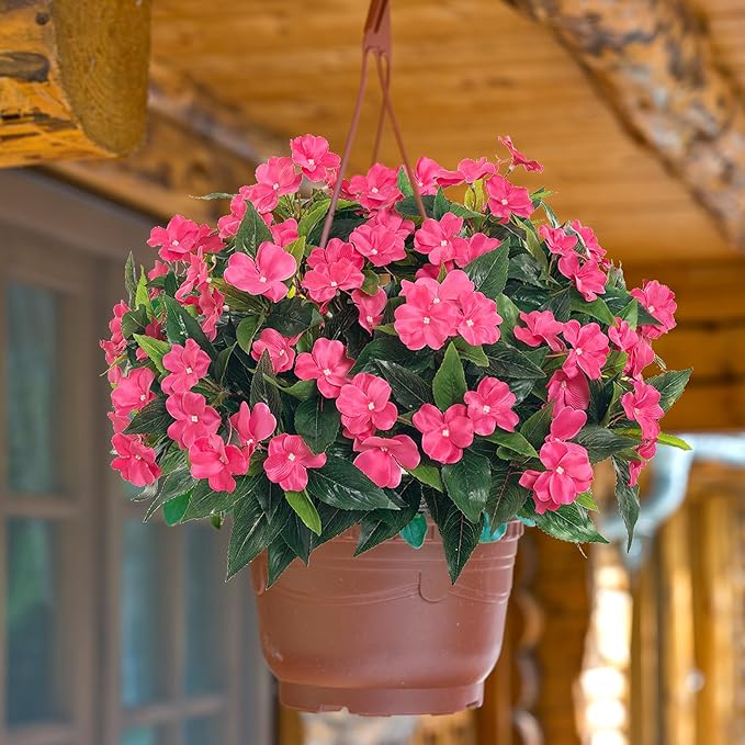 UUqueeten Fall Decorations for Home Fake Fall Flowers Fake Plants Artificial Impatiens Bouquet Flowers for Outdoors Silk Faux Flowers Impatiens Plants Decor Indoor Planters 15.7" (Rose Red) 8PCS