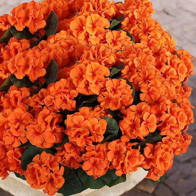 Hananona 6 Pcs Artificial Geranium Flowers for Outdoors Geranium Silk Orange Flower Outdoor UV Resistant Patio Plants Faux Autumn Flowers for Fall Home Kitchen Table Centerpieces (6, Orange)