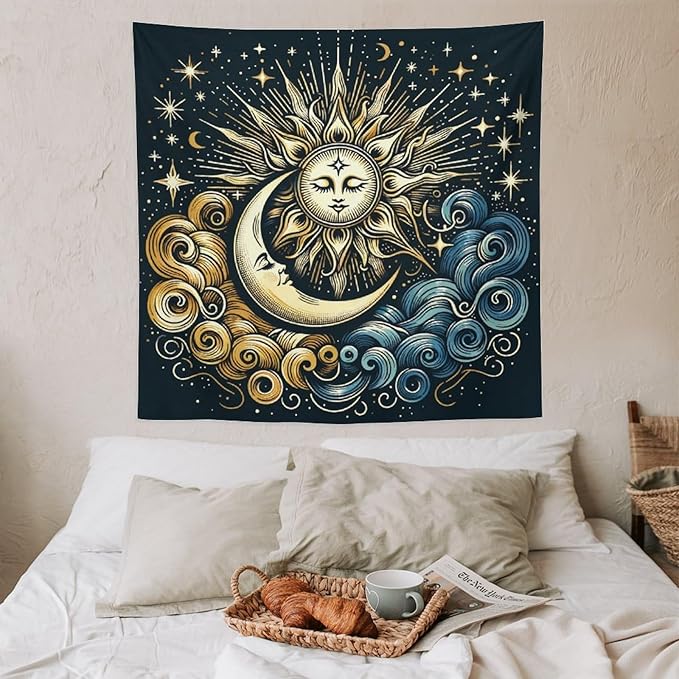 HZOHNAGO Sun Moon Tapestry Boho Golden Stars Pattern Printed Wall Tapestry Wall Hanging for Bedroom Living Room Dorm 60" W x 60" H
