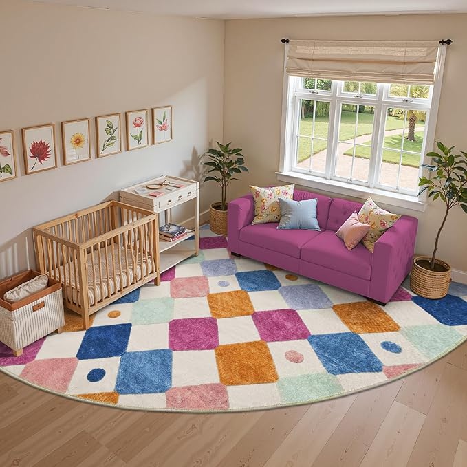 jinchan Kids Rug for Classroom 8ft Radius Corner Washable Area Rug Modern Colorful Quarter Circle Rug Soft Non-Slip Carpet for Nursery Playroom Daycare Reading Nook Living Room Berries on Cream