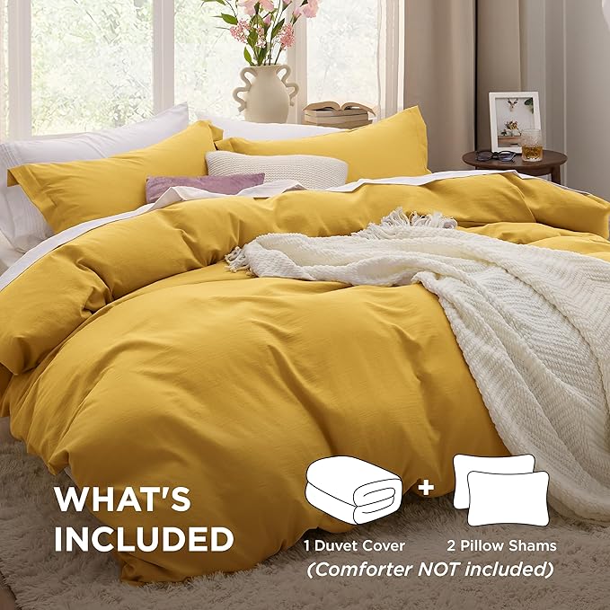 Bedsure Mustard Yellow Duvet Cover King Size - 3 Pieces Prewashed Cotton-Like Extra Soft Bedding Set, Includes 1 Duvet Cover 104x90 Inches with Zipper Closure & 2 Pillow Shams, Comforter Not Included