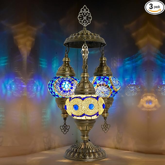 Mozaist Turkish Mosaic Lamp with Bulb – 3 Light Moroccan Table Lamp (Blue & White)