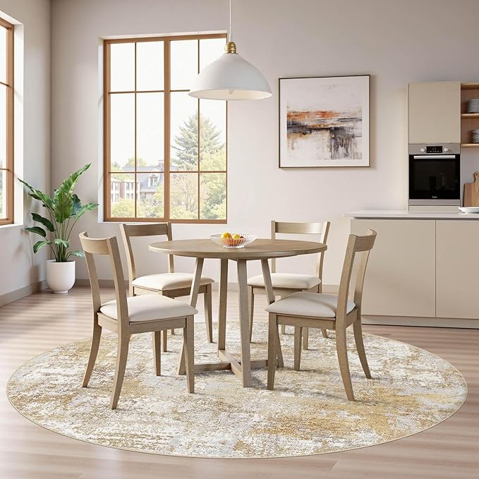 Tortania Washable 4' Round Area Rug for Living Room: Modern Abstract Neutral Large So' Thin Rugs - Non Slip Indoor Carpet for Bedroom Dining Room Office Nursery Home Floor Decoration - Brown Grey