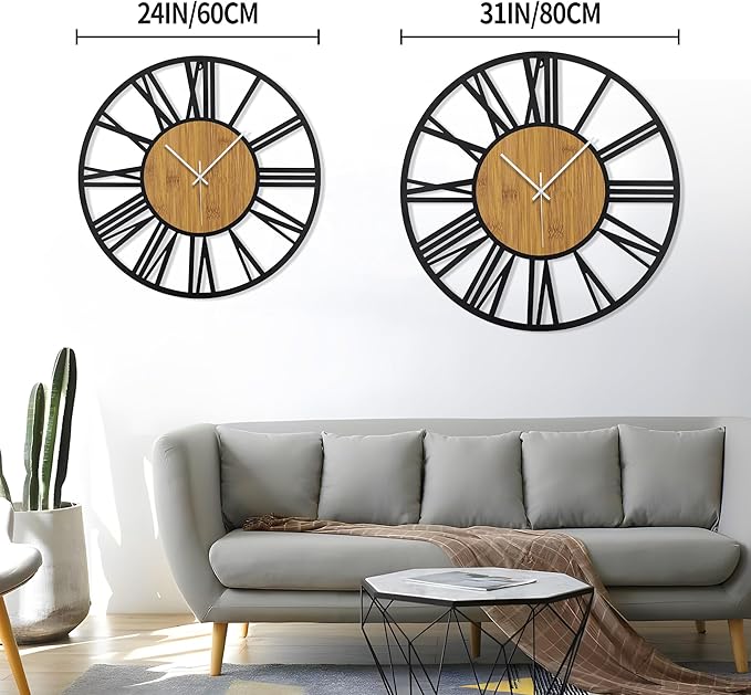 1st owned Wall Clocks for Living Room Decor,32" Vintage,Round Silent Little Ticking,Black Metal,Modern Wood Clocks for Home Bedroom,Kitchen,Garden,Office,Cafe,Modern Wall Decoration -Roman Numerals