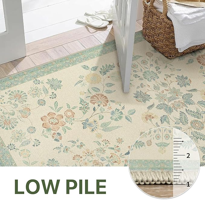 GENIMO 8x10 Area Rugs for Living Room, Machine Washable Non Slip Vintage Rugs, Low Pile Lightweight Chenille Print Rug for Bedroom, Dining Room, Home Office, Beige/Green