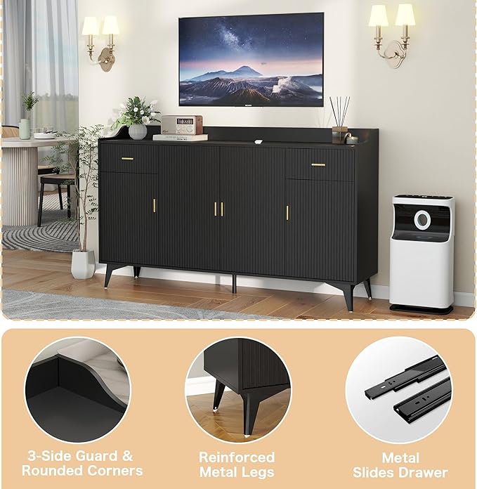 Sideboard Buffet Cabinet with Drawers: 63" Black Fluted Sideboard Cabinet with 2 Drawers and 4 Doors, Modern Wood Credenza Storage Cabinet, Large Accent Cabinets for Living Room (63")