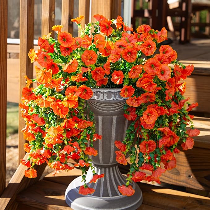 Ivydale 2 PCS Artificial Fall Hanging Flowers Fake Plants Outdoor,Silk Morning Glory Faux Flowers with Eucalyptus,UV Resistant Realistic Petunias Plants for Home Garden Decor (Orange(Leaves Green))
