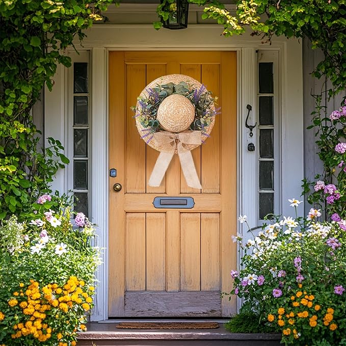 Dilicoming Spring Eucalyptus Wreaths for Front Door - 16 Inch Summer Fall Straw Hat Wreath with Bow, Women Gift, Indoor Outdoor Wreaths for Wall, Window, Farmhouse, Party, Holiday Home Décor