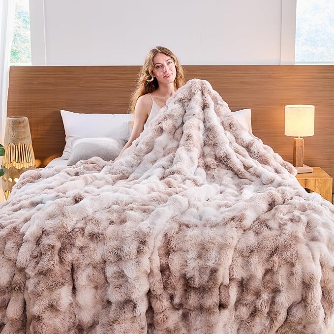 Lotus Karen Faux Fur Throw Blanket Tie-Dye Beige - Big Bubble Rabbit Fluff Blanket for Couch, Large Fluffy Fuzzy Cozy Blankets,Thick Furry Plush Shaggy Blankets,108x90 Inches