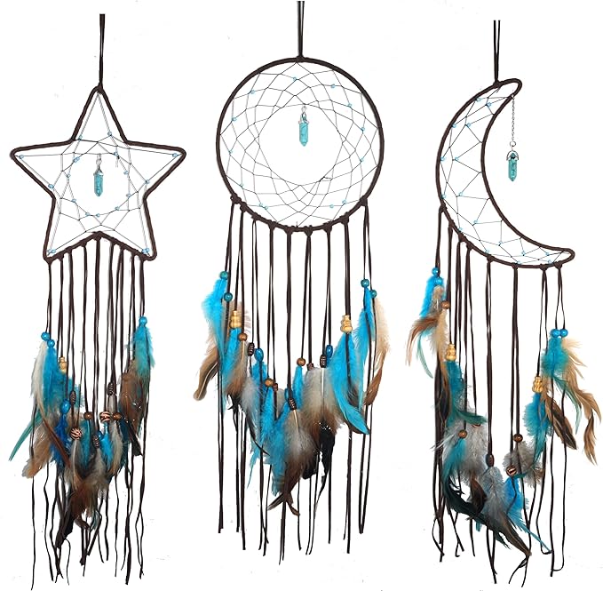 3PCS/LOT Star Moon Sun Shape Dream Catcher Home Decoration, and Baby Kids Room Accessory - Dream Catcher with Feather Decoration - Unique Home Craft Wall Pendant (Brown)