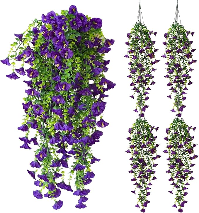 Artificial Hanging Flowers – 4 Pack UV Resistant Fake Morning Glory Vine Faux Plants for Porch, Patio, Balcony, Garden, Indoor & Outdoor Decor (Purple)