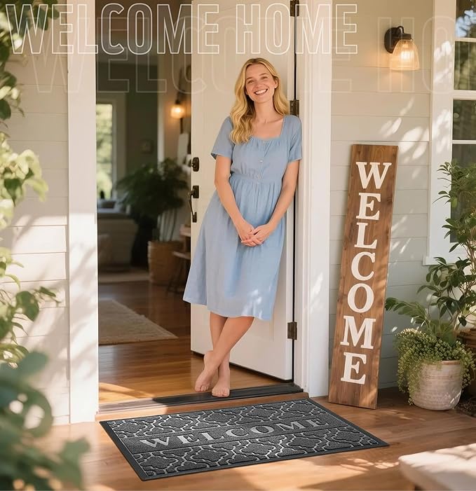 Yimobra Welcome Mat Outdoor Indoor, 36x24 All-Season Waterproof, All-Weather Heavy Duty Doormat, Low Profile Porch Patio Entrance Mat, Sturdy Natural Rubber, Dark Grey