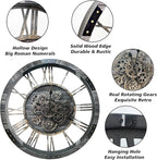 DORBOKER 36" Extra Large Wall Clock with Moving Gears, Oversized Giant Industrial Steampunk Rustic Clocks for Wall Decor Living Room Home Office, Solid Wood Retro Metal,Carbon Grey