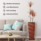 KOL 28''H. Tall Galvanized Steel Glazed Planter with Saucer, Set of 2, Planter Pots with Insert for Indoor & Outdoor Use, Decorative Flower Plant Pots for Front Porch, Patio, Deck - Reddish Brown