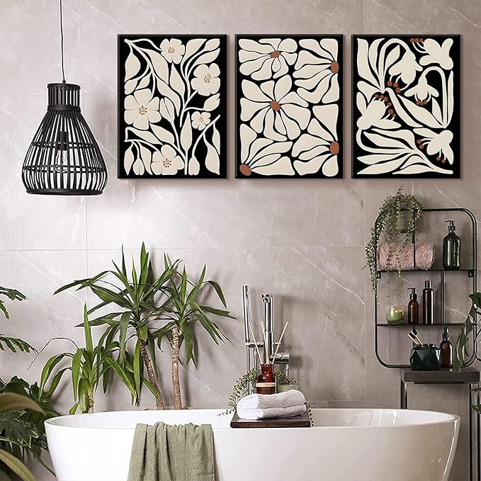 QGNBGBJ Framed Black Boho Flowers Plant Wall Art Abstract Botanical Flower Canvas Poster Vintage Bohemian Neutral Floral Prints Wall Decor Trendy Black Beige Floral Set for Girl Bedroom(16x24in)
